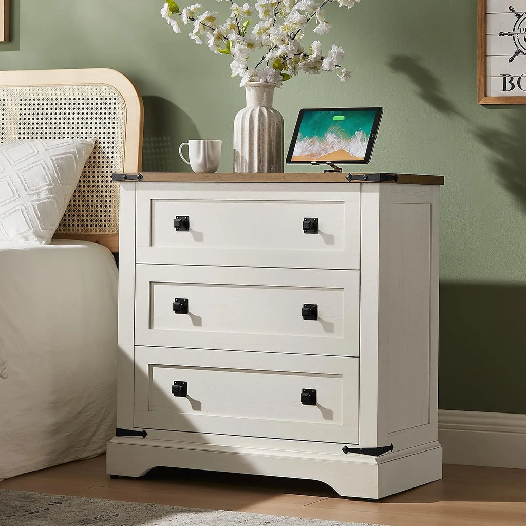 81cm Farmhouse Wooden Nightstand with 3 Drawers Charging Station Bedside Table
