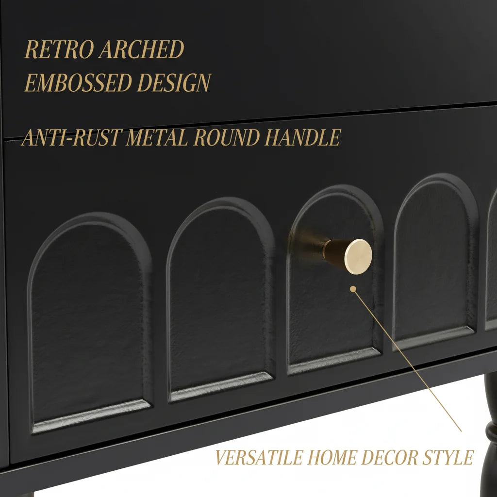 Retro Black 2-Drawer Wooden Nightstand with Metal Handles
