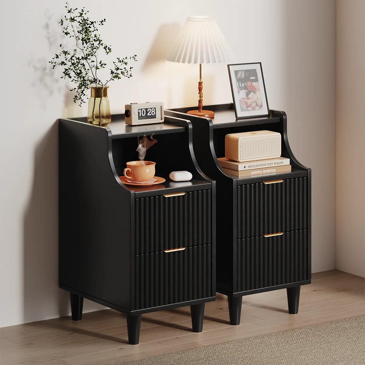 Set of 2 Narrow Nightstand with 2 Drawers and Open Shelf Bedside Table