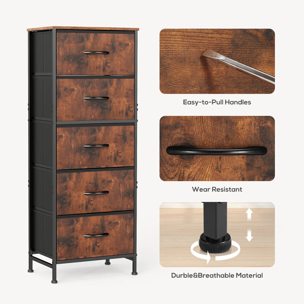 5-Drawer Fabric Tall Dresser with Steel Frame and Wooden Top