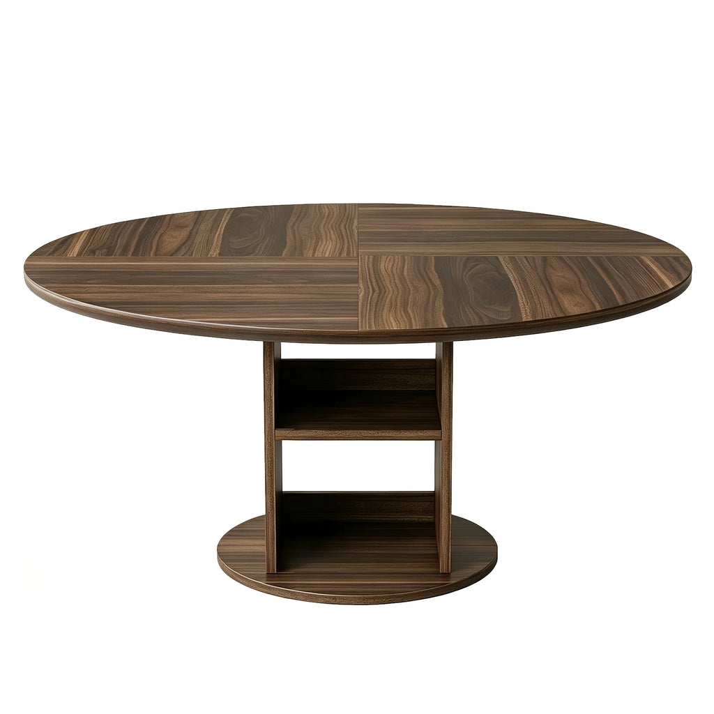 Farmhouse Round Dining Table with Pedestal Base and 2-Tier Storage