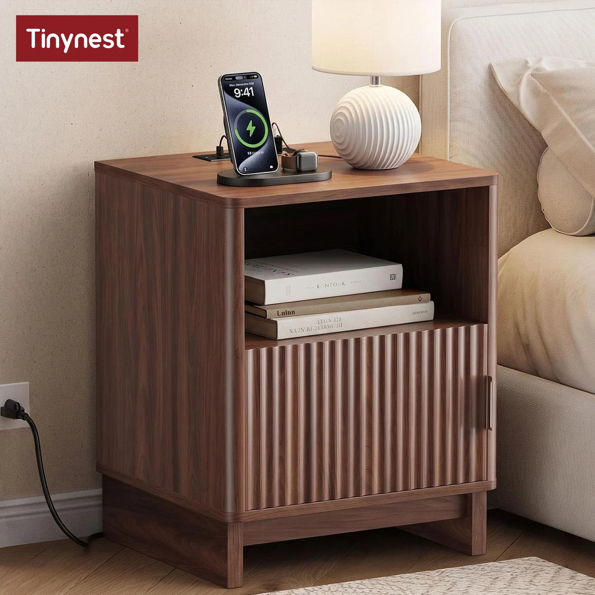 45cm Modern Fluted Bedside Table Wooden Nightstand with Charging Station