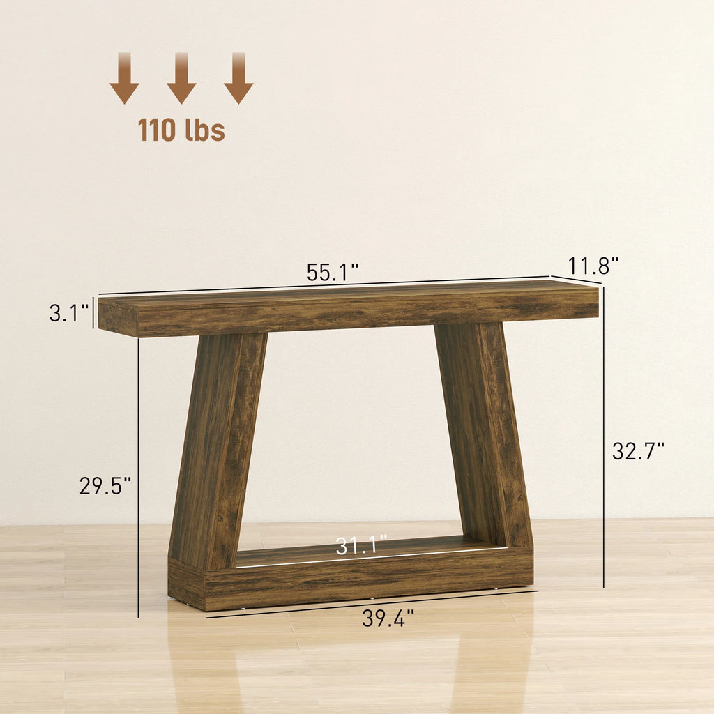 55.1" Narrow Entryway Table 2-Tier Console Table with Thickened Tabletop Storage Shelf Trapezoidal Base Rustic Brown