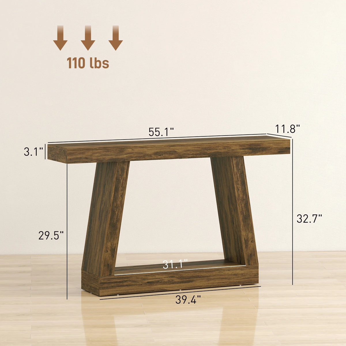 55.1" Narrow Entryway Table 2-Tier Console Table with Thickened Tabletop Storage Shelf Trapezoidal Base Rustic Brown