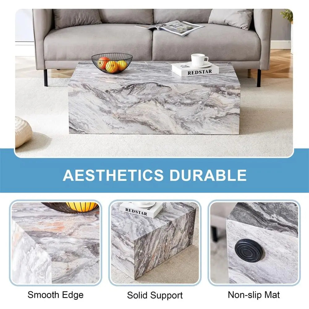 100cm Modern Rectangular Coffee Table Faux Grey Marble Wood Base
