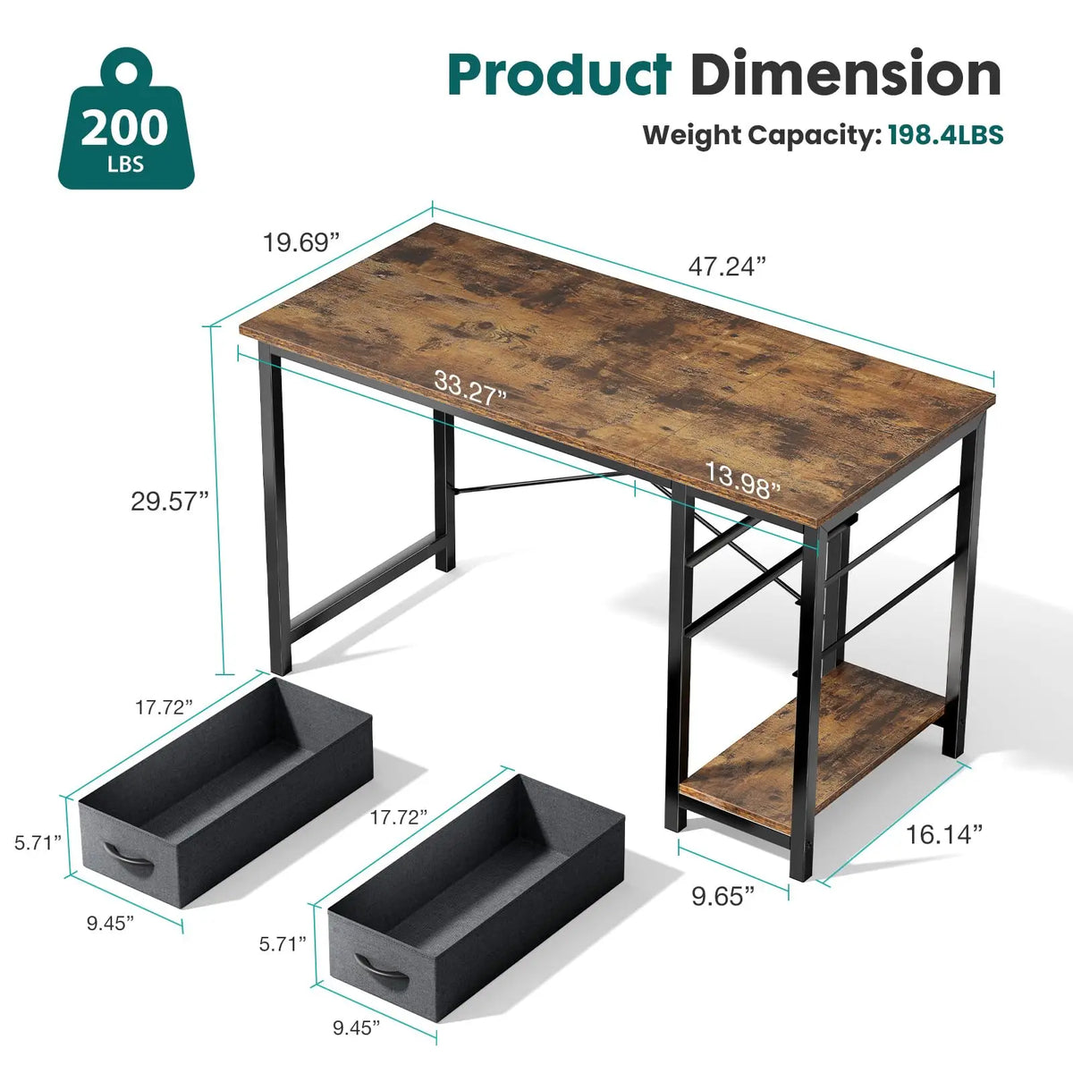 120 cm Computer Desk with 2 Drawers Study Office Gaming Table Adjustable Position Modern Work Table