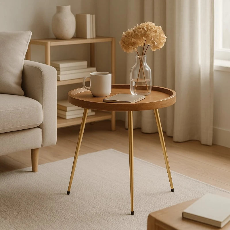 Round Natural Oak Coffee Table with Golden Metal Frame Side End Table