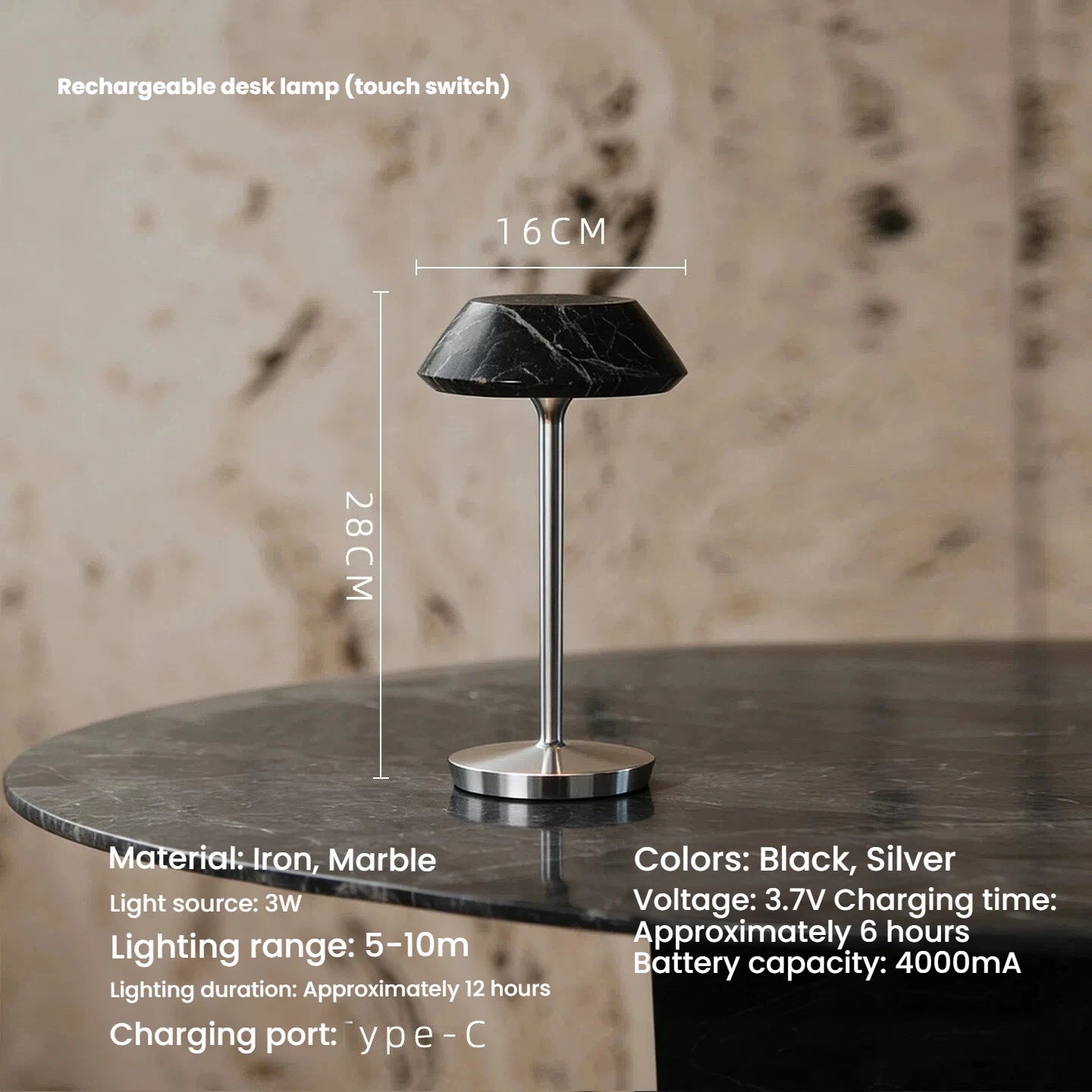 Luxury Glass Marble Rechargeable Table Lamp Touch Control