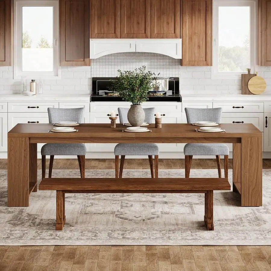 220cm Farmhouse Rectangular Dining Table with Wooden Pedestal Base