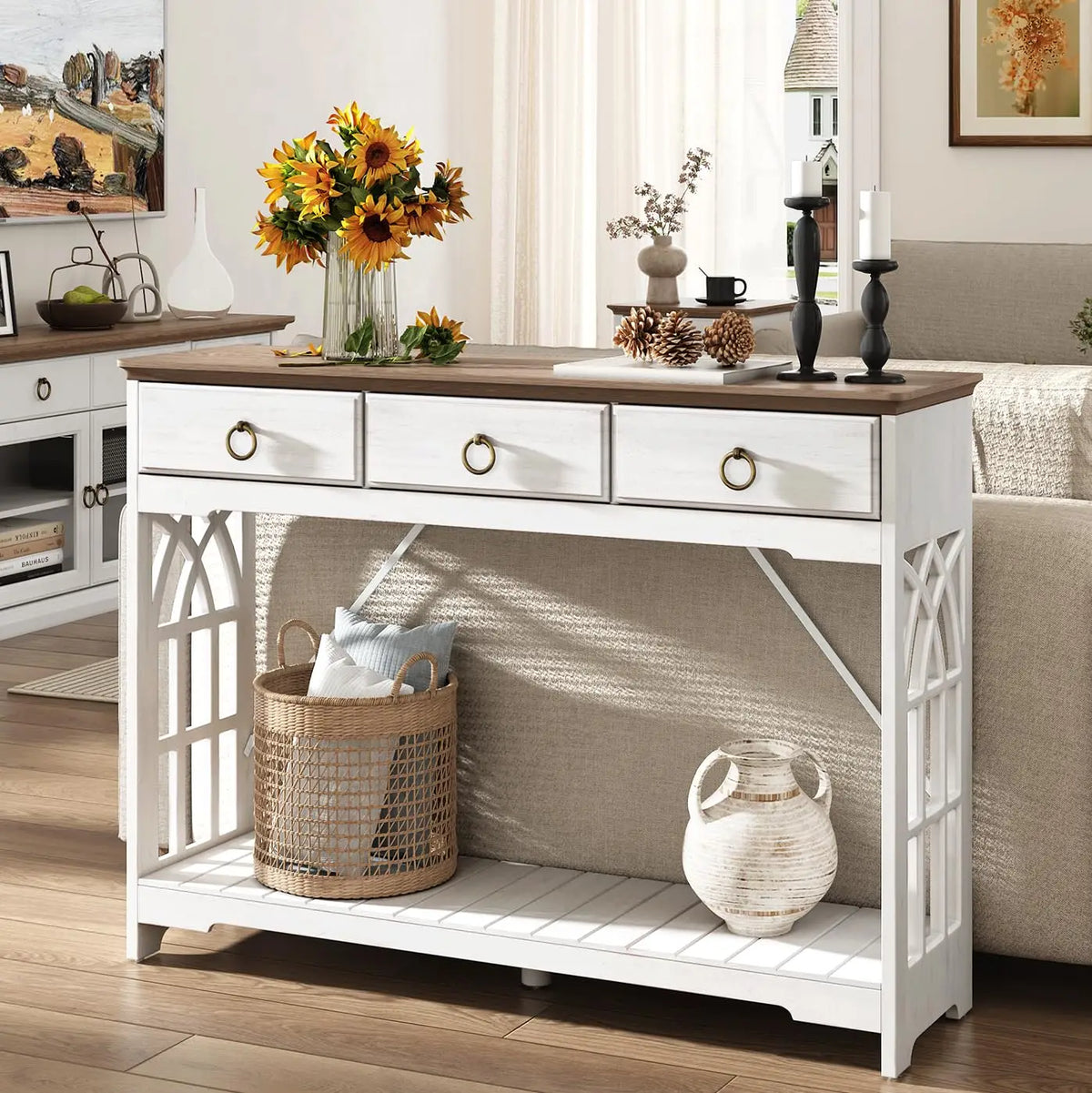 43-Inch Narrow Console Table with Drawers and Shelf Solid Wood Legs Entryway Behind Couch Furniture