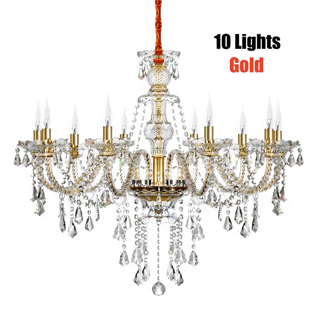 10-Light Clear Cognac Crystal Chandelier Ceiling Light Gold