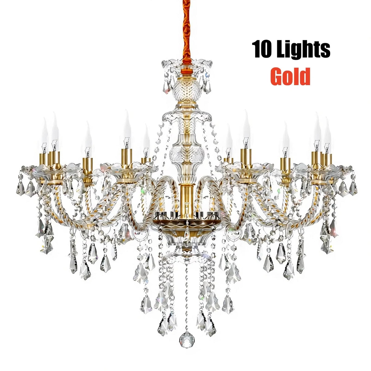 10-Light Clear Cognac Crystal Chandelier Ceiling Light Gold
