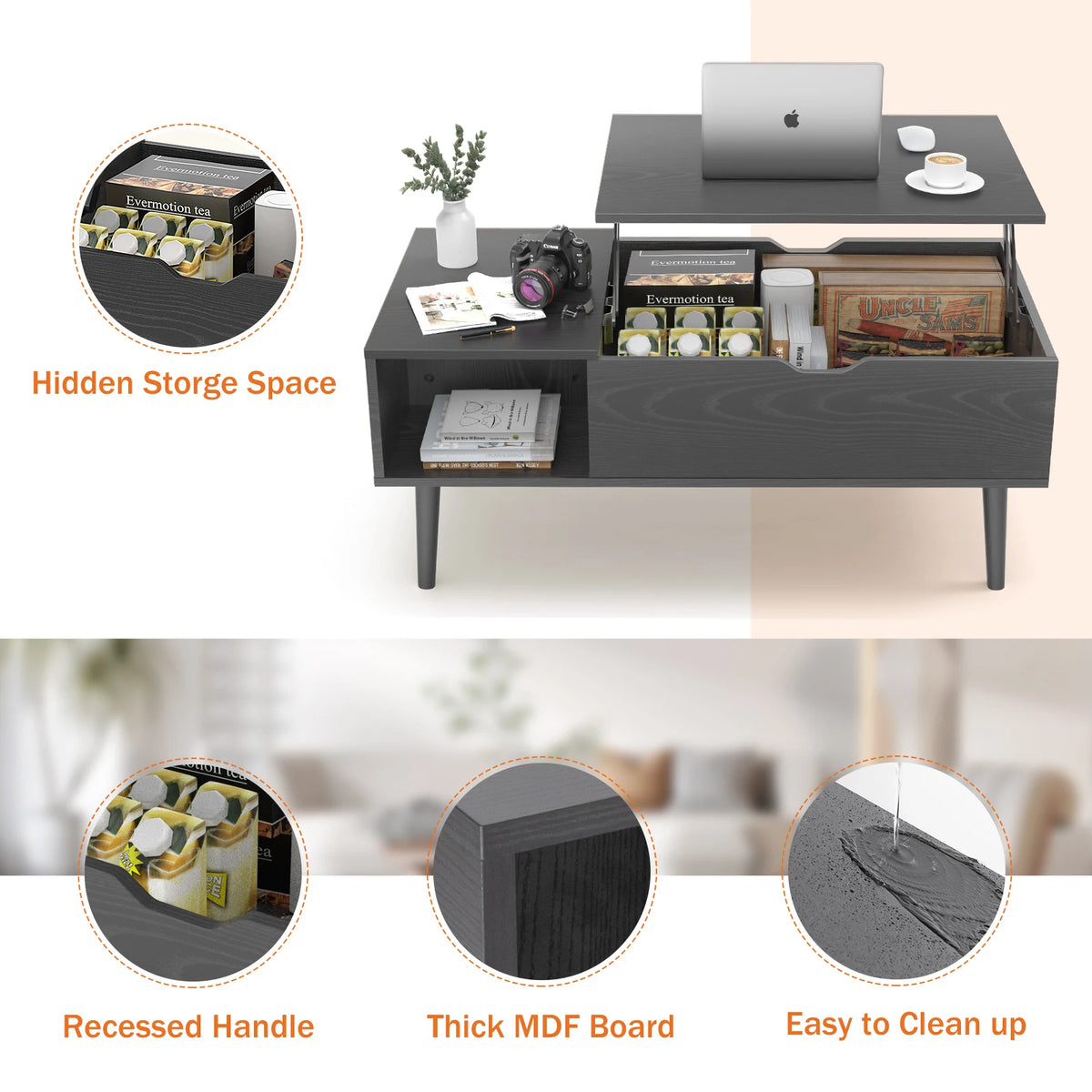 100 x 50 cm Wood Lift Top Coffee Table with Adjustable Storage Shelf
