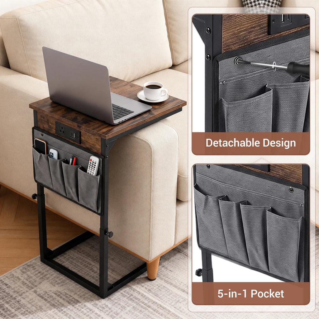 Adjustable Height C-Shaped End Table with Charging Station Slide Under Sofa TV Tray