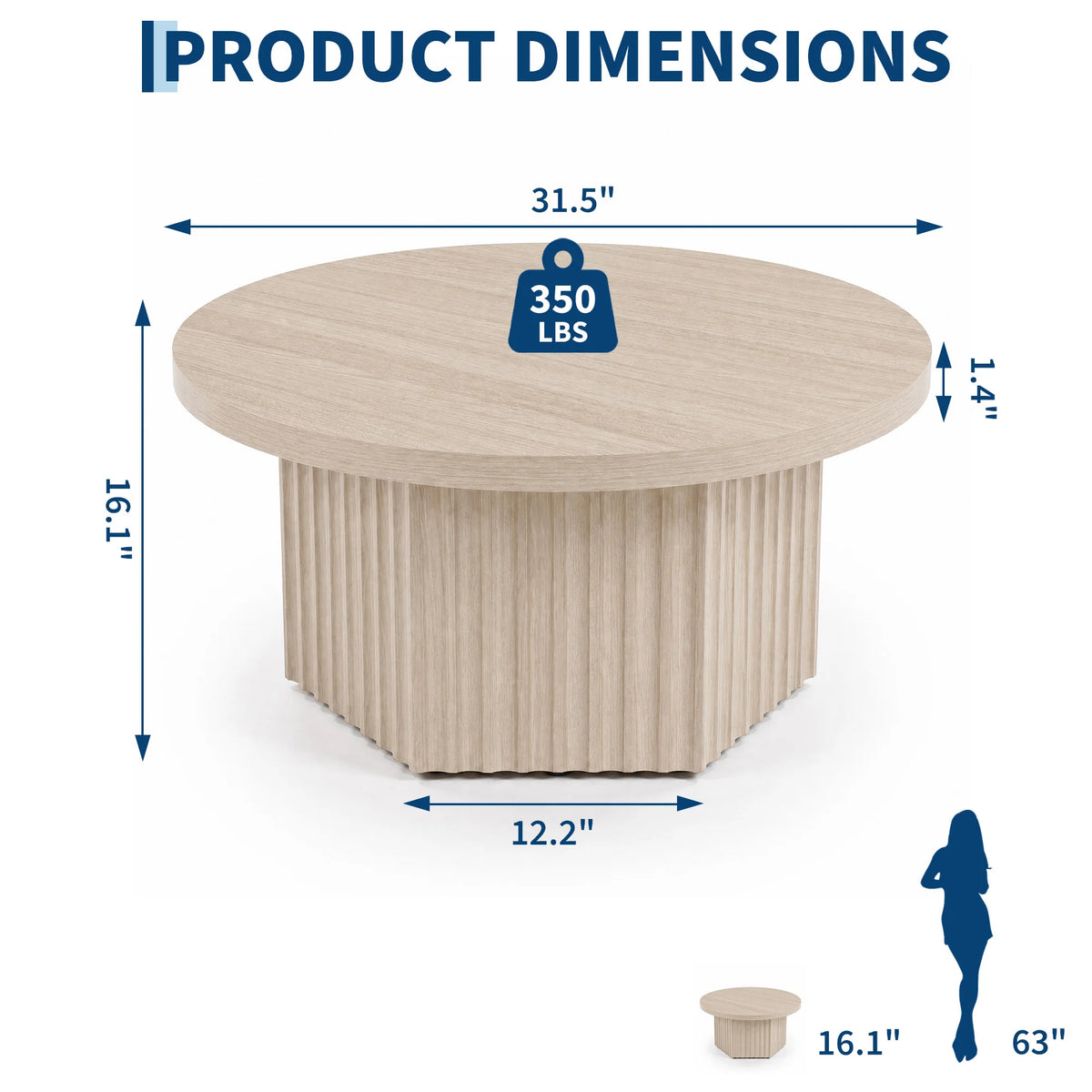 80 cm Round Fluted Drum Coffee Table with MDF Top for Living Room Apartment