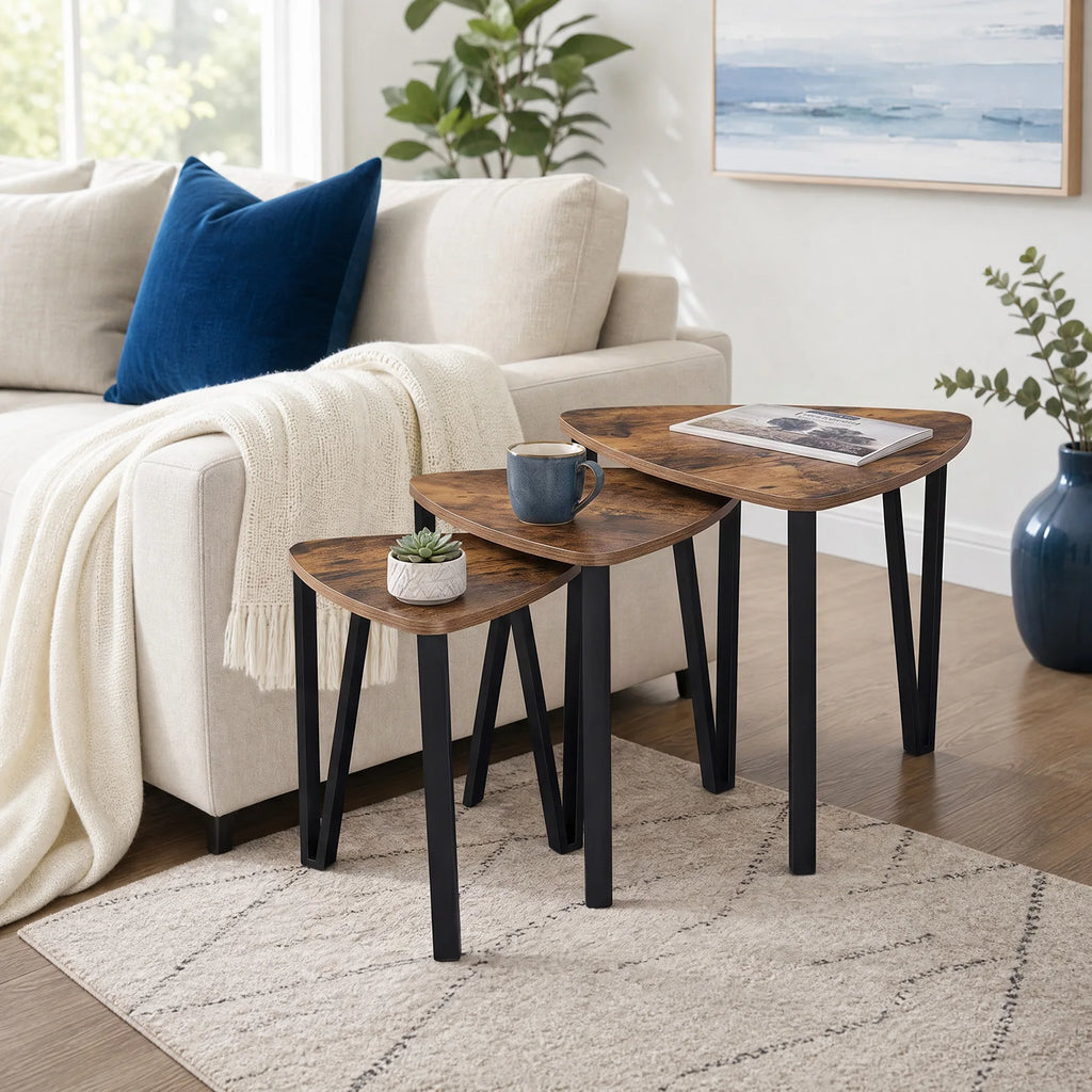 Set of 3 Industrial Triangle Nesting Coffee Tables with Metal Frame