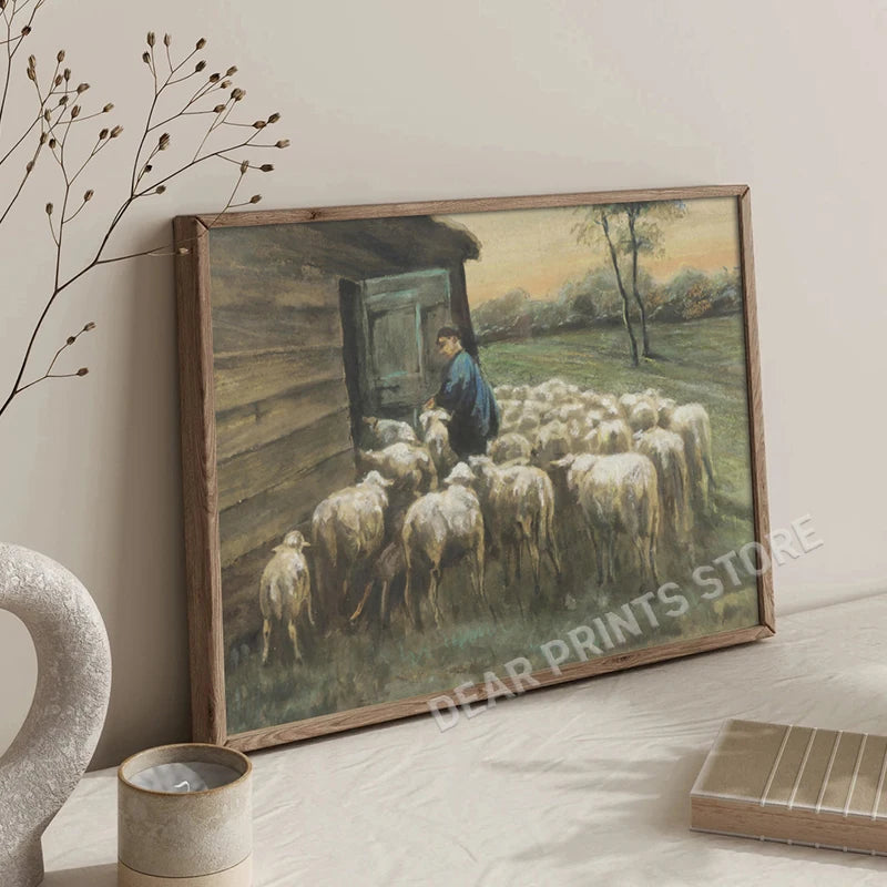 Vintage Sheep Landscape Canvas Painting Poster for Home Decor