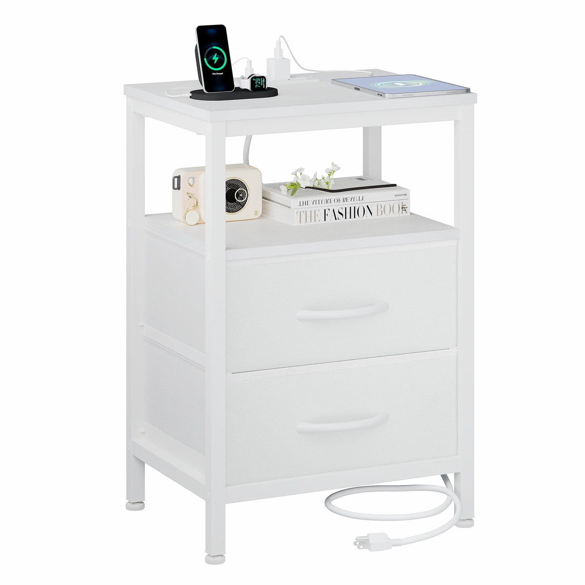 Nightstand with Charging Station and 2 Fabric Drawers 40 cm Wide