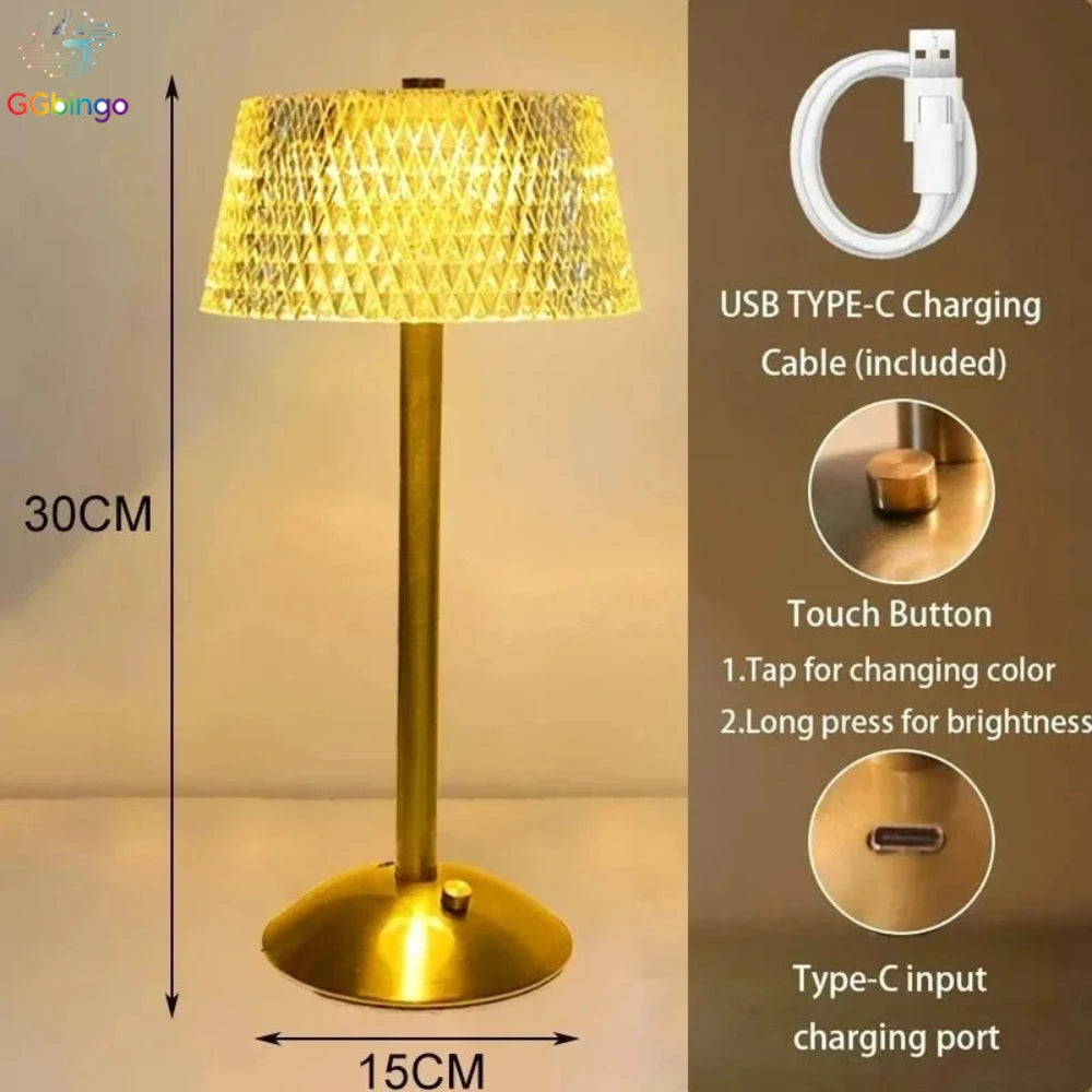 Rechargeable Crystal LED Table Lamp Touch Control Gold Night Light