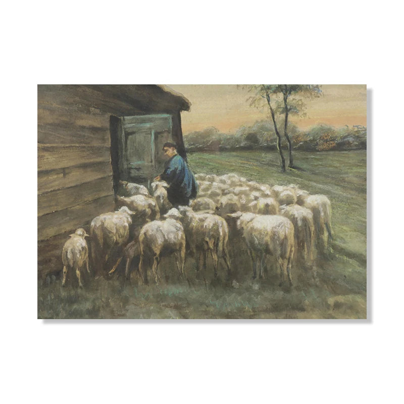 Vintage Sheep Landscape Canvas Painting Poster for Home Decor