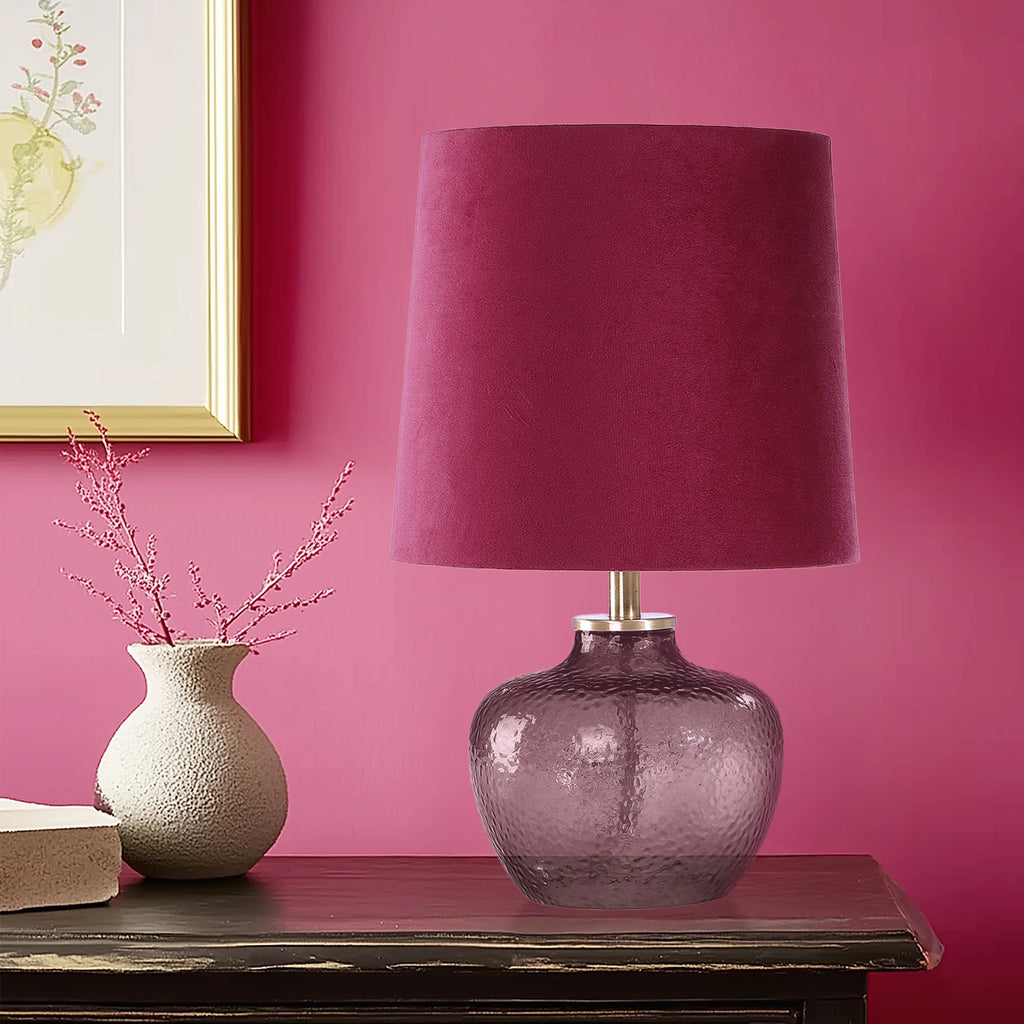 Modern Minimalist 15-Inch Glass Table Lamp Smoky Gray Velvet Red Shade