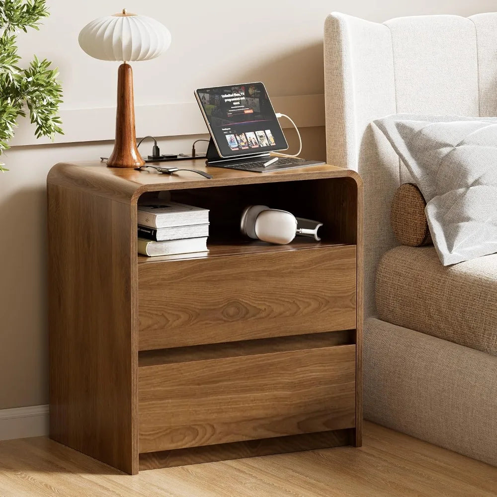 60.5cm Modern Nightstand Set of 2 Wood Bedside Tables Hidden Drawers Walnut