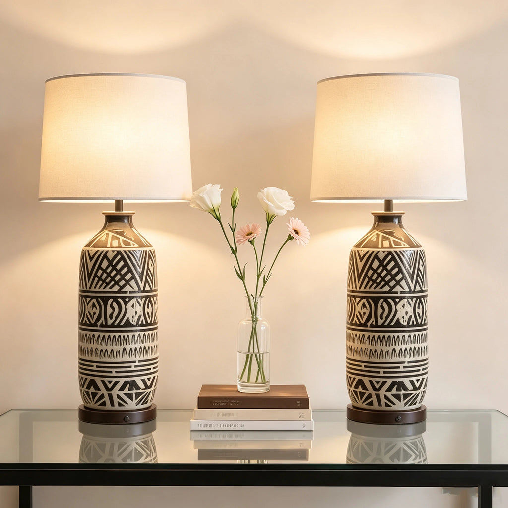 Nordic Ceramic Bedside Table Lamp White Reflective Cloth Shade