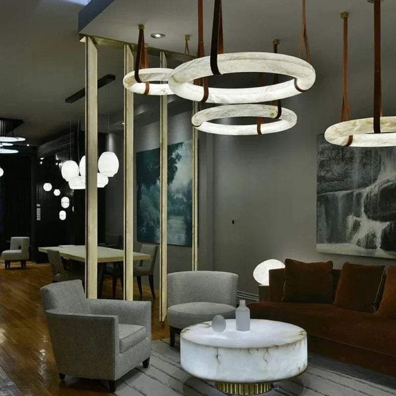 Modern Imitation Marble Resin LED Pendant Light Circular Ring Dining Room Living