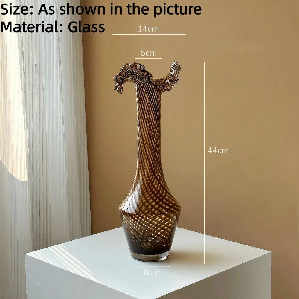 Modern Minimalist Wavy Neck Glass Vase Tabletop Ornament for Home Decor