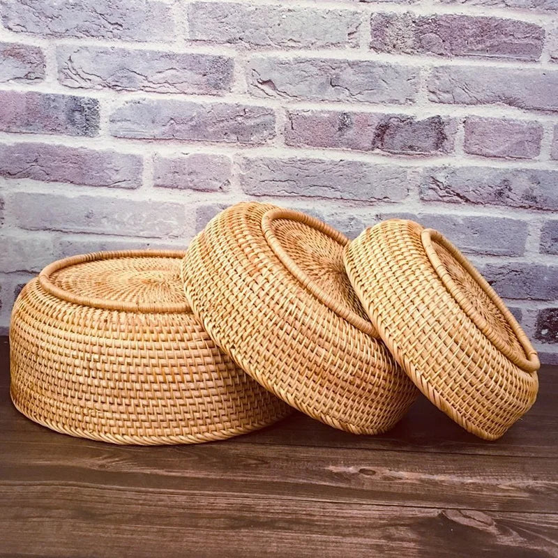 Round Hand-Woven Rattan Storage Basket Natural Wicker Desktop Organizer Box