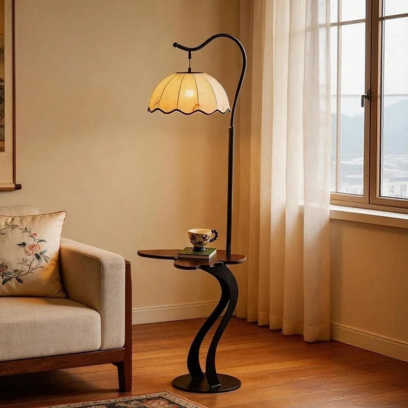 Mid Century Fabric Shade LED Shelf Floor Lamp Living Room