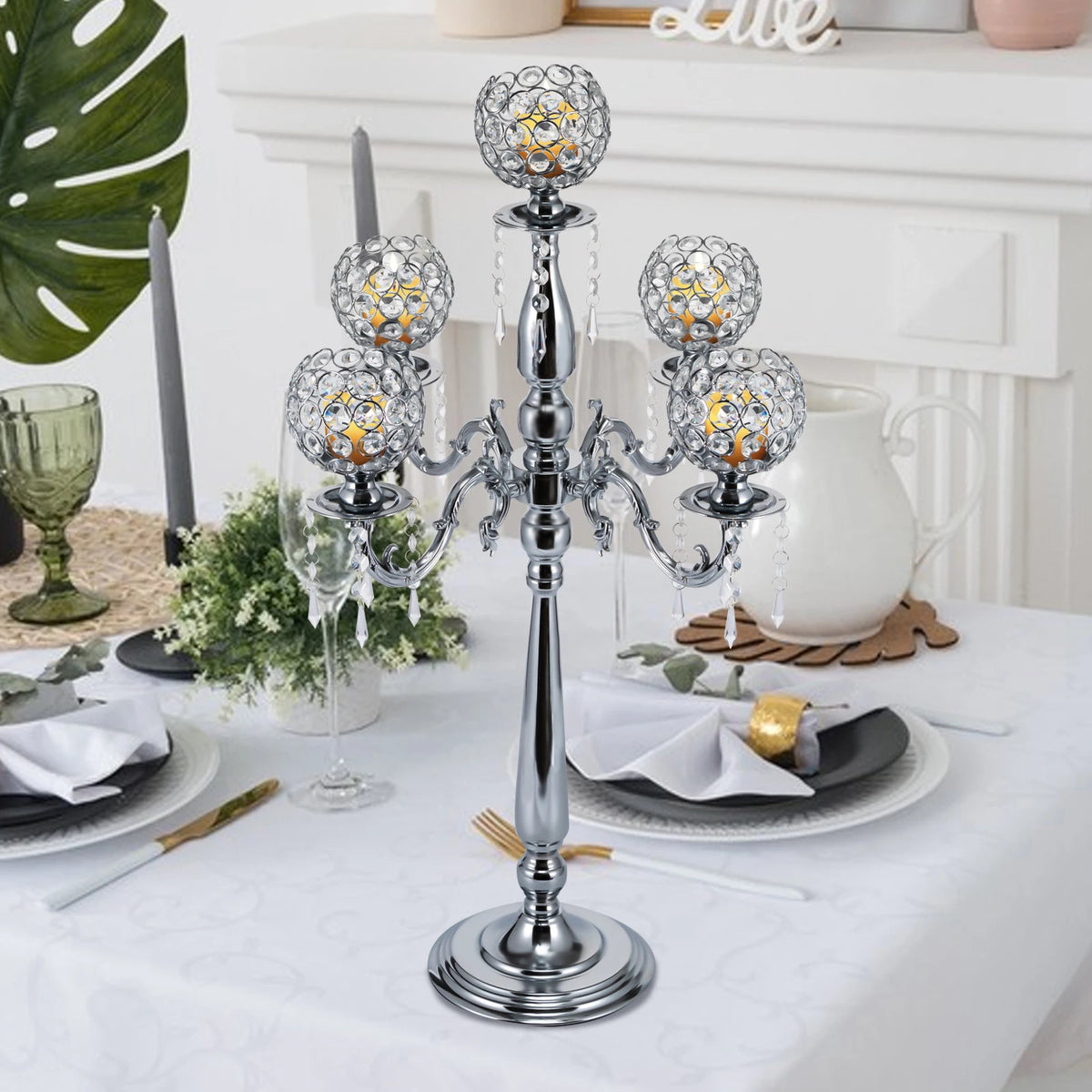 Modern 5 Arms Crystal Candlestick Holder Tabletop Ornament for Home Decor