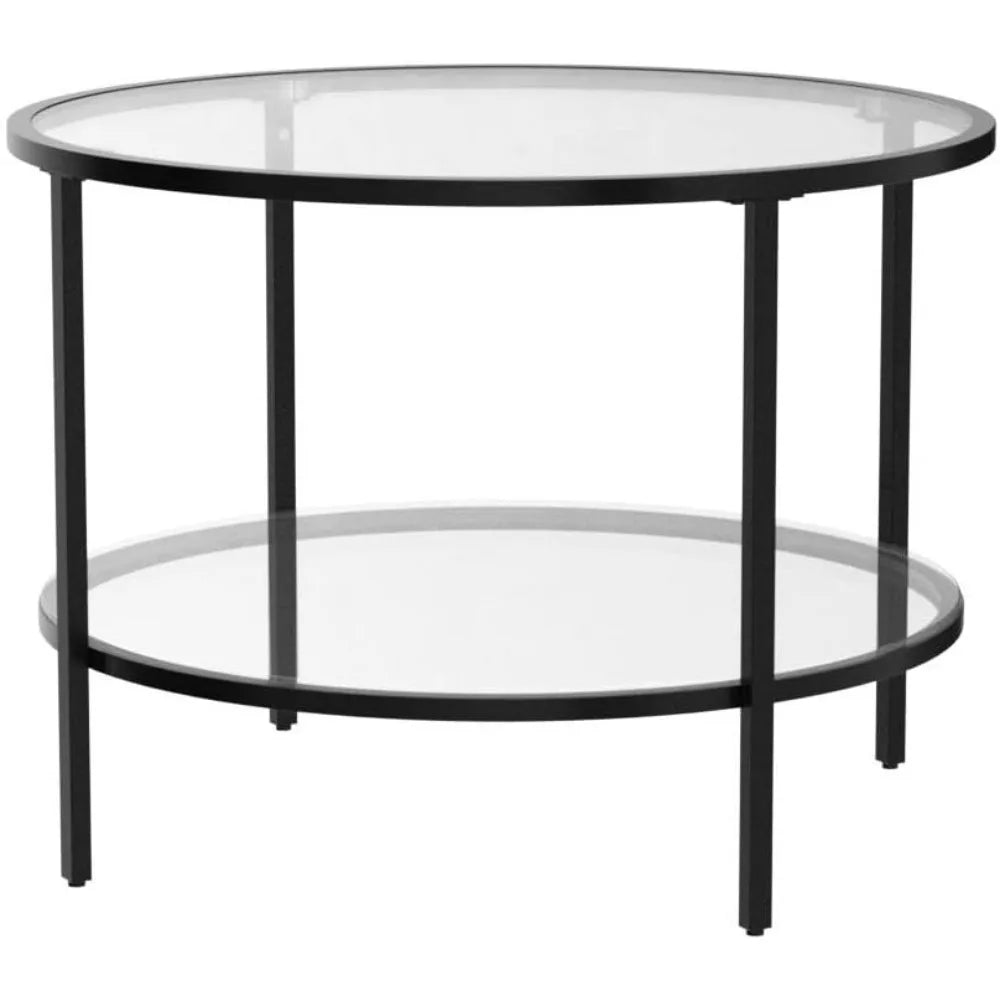 65cm Modern Round Glass Coffee Table 2-Tier Living Room Storage Table Black