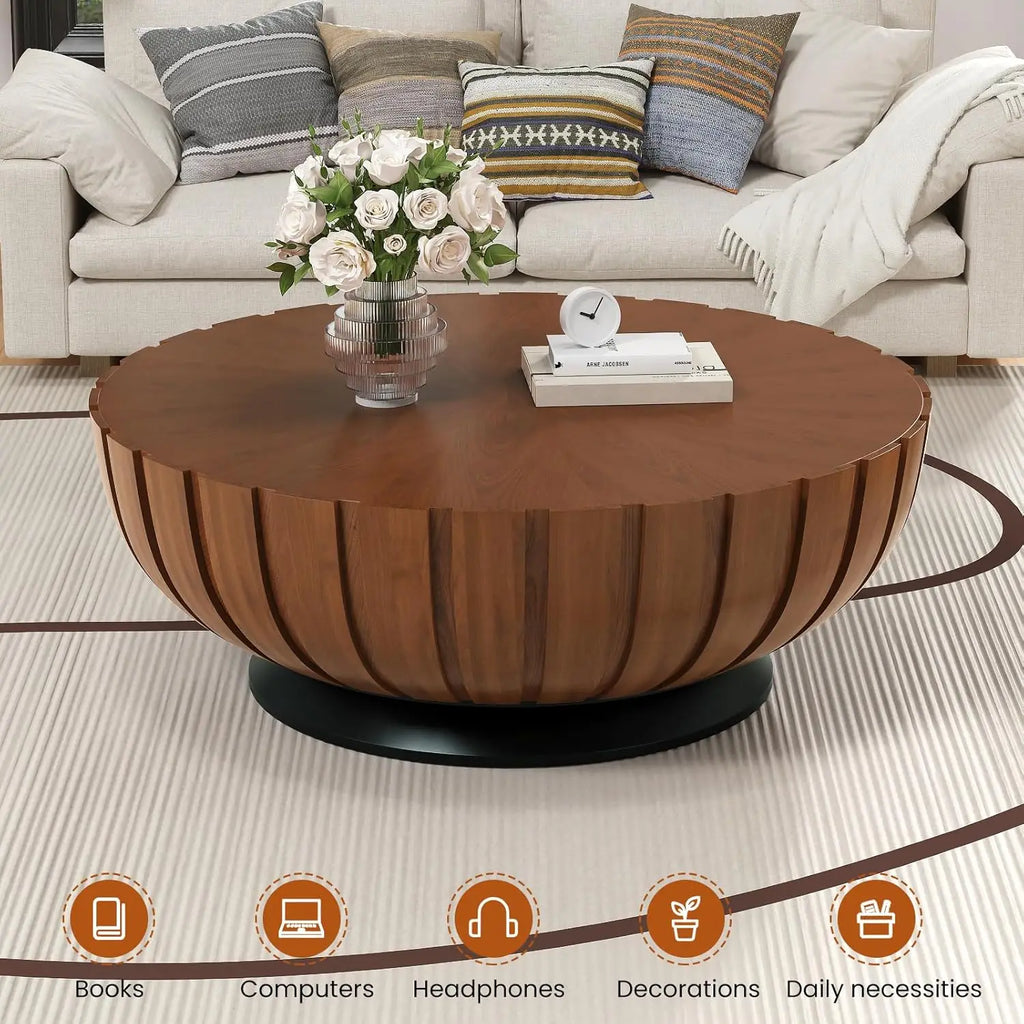 35.4 in Walnut Round Fluted Coffee Table with Drum Base