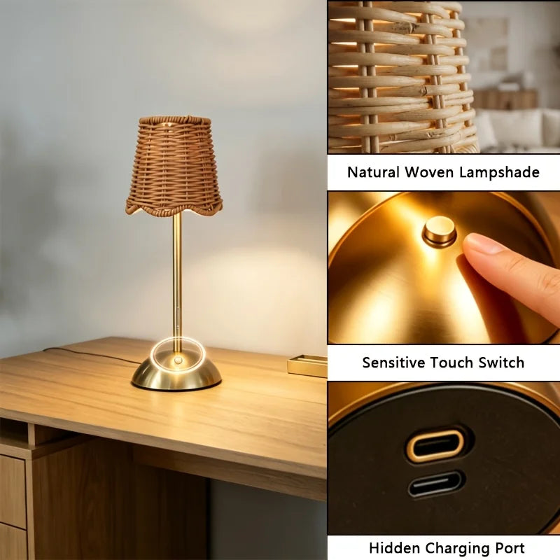 Bohemian Woven Rattan Art Table Lamp Touch Control USB Dimmable