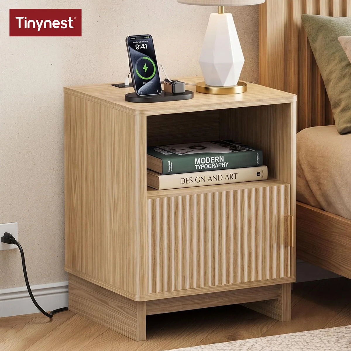 Fluted Wooden Nightstand with USB-C Charging Station and Open Shelf