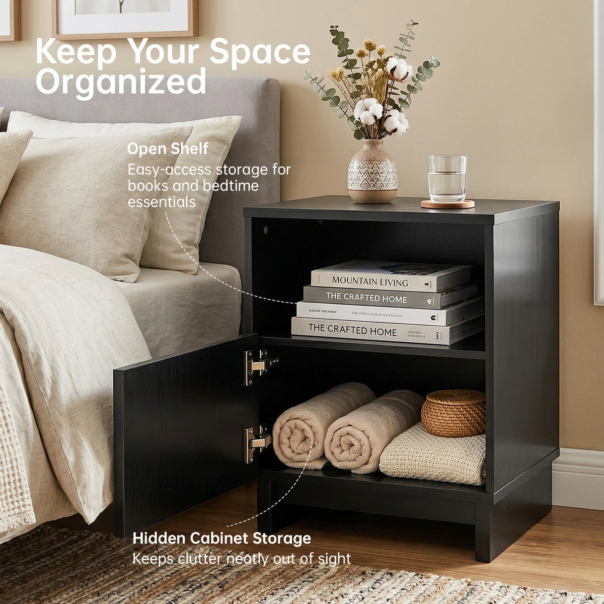 45cm Modern Bedside Table Wooden Nightstand with Storage Cabinet