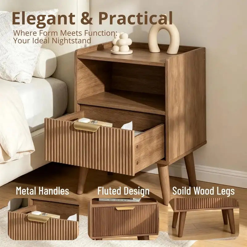 Mid-Century Modern Nightstand with Fluted Drawer Bedside Table Walnut Brown