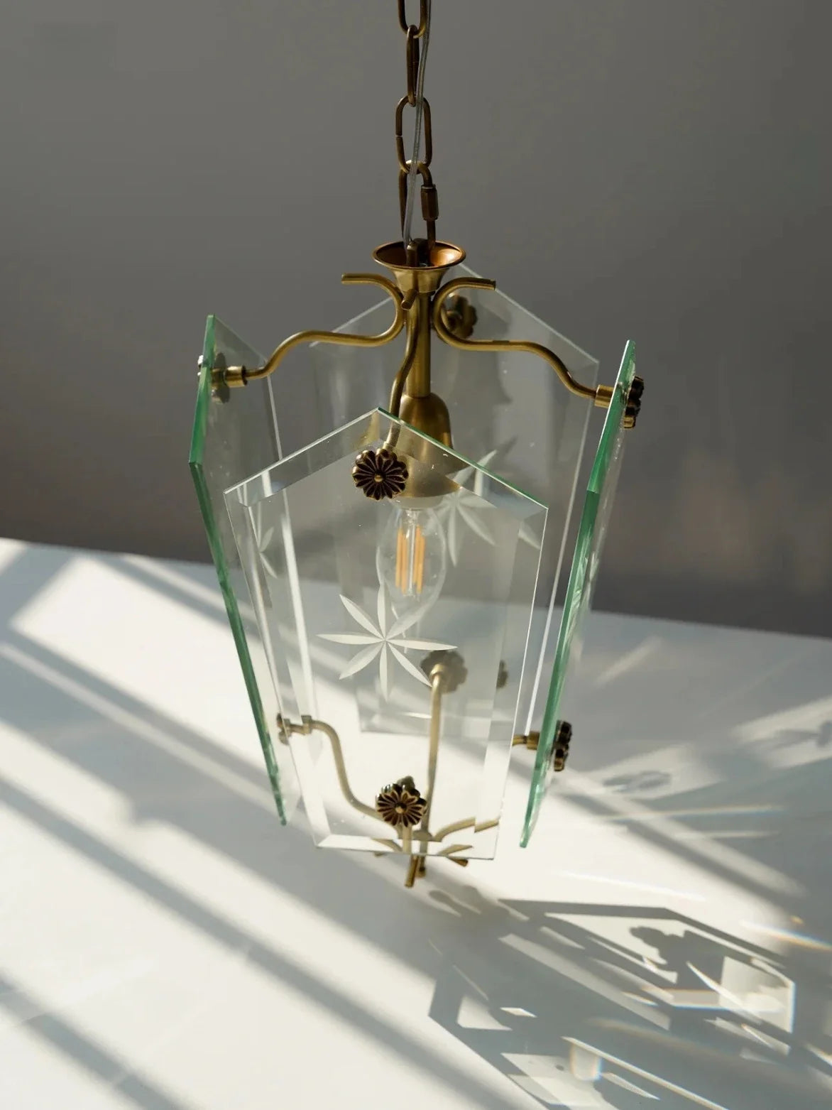French Vintage Copper Pendant Light Etched Glass Bedroom Dining Room
