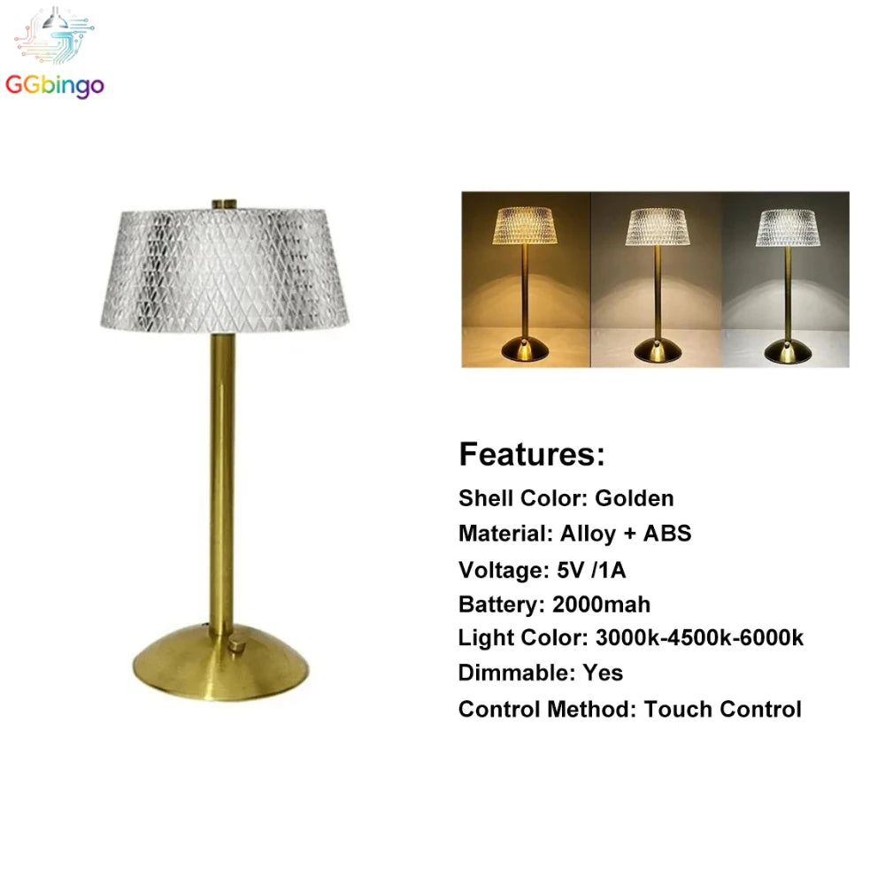 Rechargeable Crystal LED Table Lamp Touch Control Gold Night Light