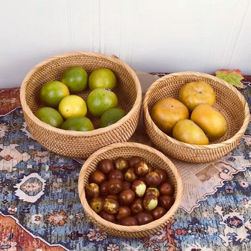 Round Hand-Woven Rattan Storage Basket Natural Wicker Desktop Organizer Box