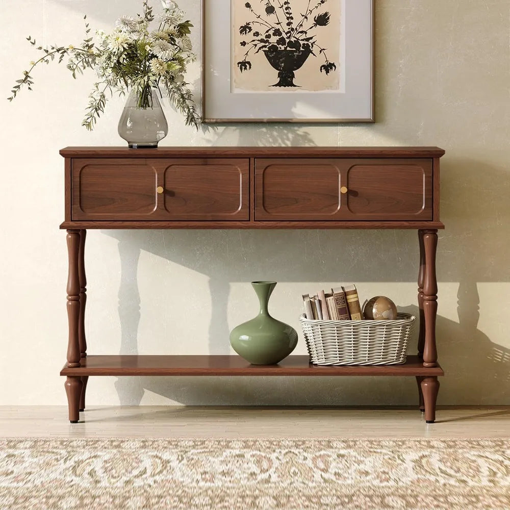 Narrow Mid-Century Wooden Console Table with Drawers and Storage