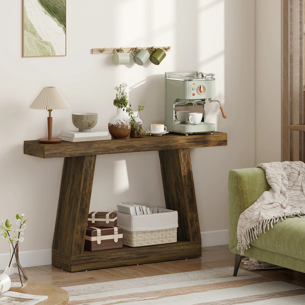 55.1" Narrow Entryway Table 2-Tier Console Table with Thickened Tabletop Storage Shelf Trapezoidal Base Rustic Brown