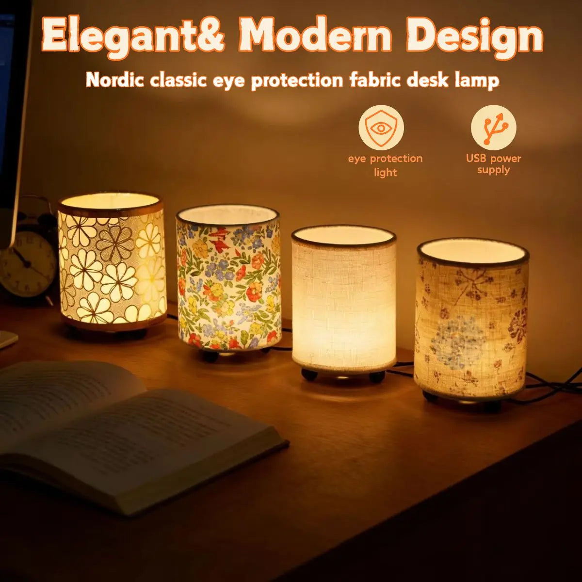 Modern Printed Fabric USB Desk Lamp Warm White for Bedroom