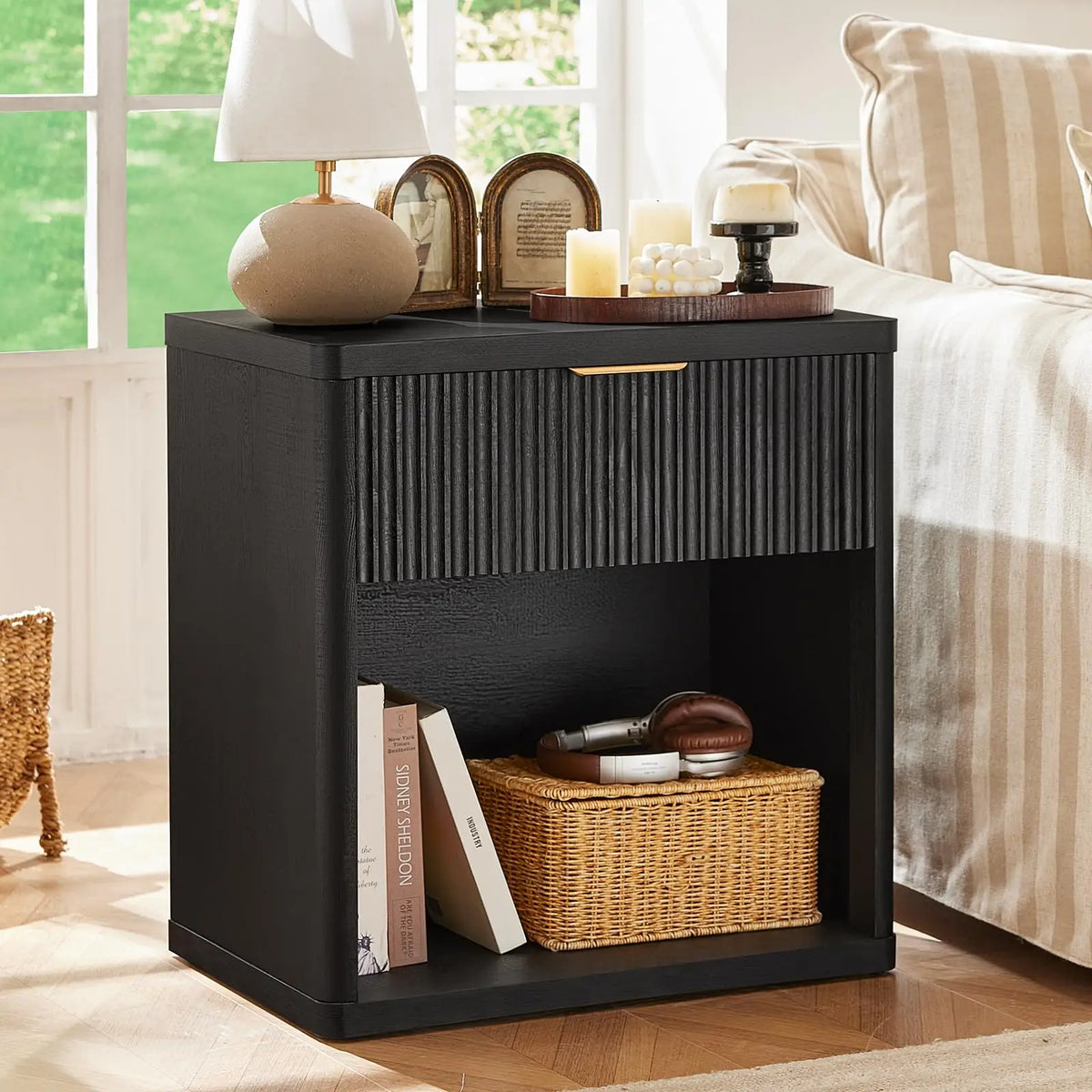 58cm Fluted Farmhouse Nightstand with Drawer Charging Station End Table