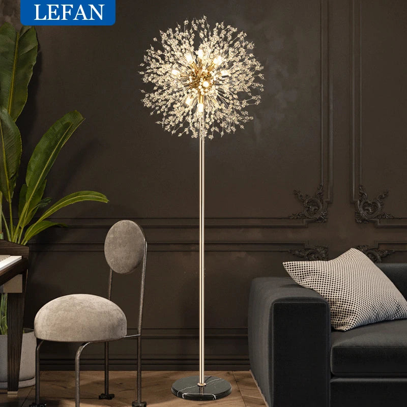 Modern Crystal LED Dandelion Floor Lamp Gold Chrome for Living Room Dining Room