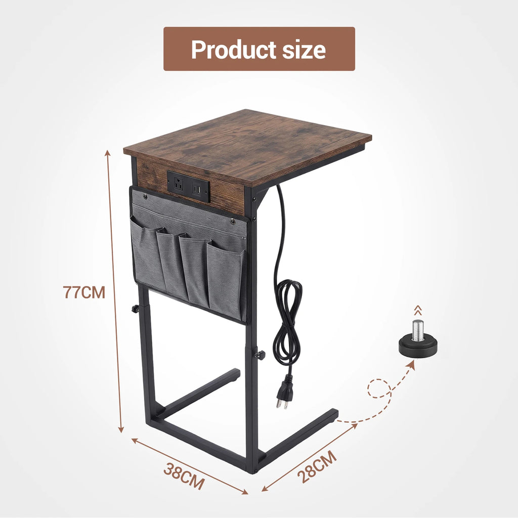 Adjustable Height C-Shaped End Table with Charging Station Slide Under Sofa TV Tray