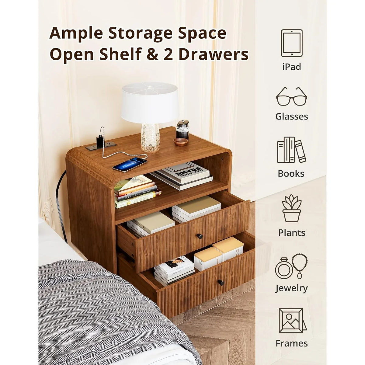 Modern Wooden Nightstand with 2 Drawers Charging Station Bedside Table Walnut