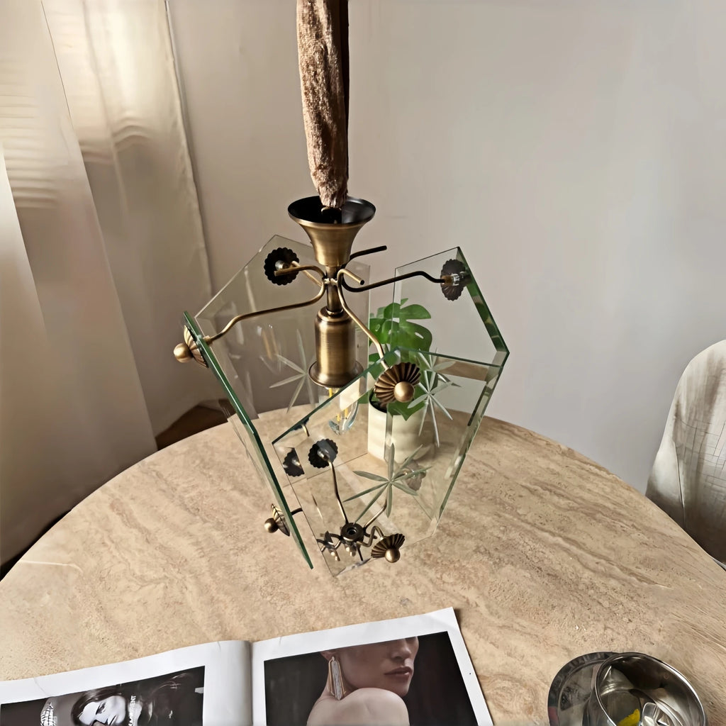 French Vintage Copper Pendant Light Etched Glass Bedroom Dining Room