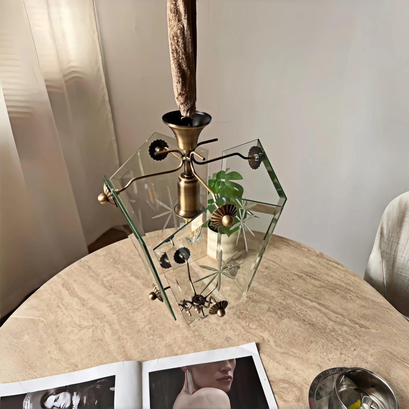 French Vintage Copper Pendant Light Etched Glass Bedroom Dining Room